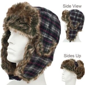 Trapper Hat Patterns - Faux Fur - Wool Blend - Black and Grey Plaid 2, 1 piece