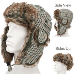 Trapper Hat Patterns - Faux Fur - Wool Blend - Olive Plaid, 72pcs - Case