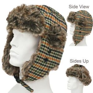 Trapper Hat Patterns - Faux Fur - Wool Blend - Olive Plaid 2, 1 piece