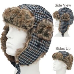 Trapper Hat Patterns - Faux Fur - Wool Blend - Blue Grey Plaid, 1 piece