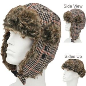 Trapper Hat Patterns - Faux Fur - Wool Blend - Tan and Black Houndstooth Plaid, 72pcs - Case
