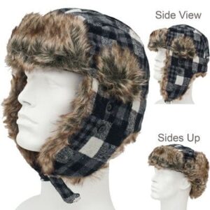 Trapper Hat Patterns - Faux Fur - Wool Blend - Black and Cream Check - Plaid Tweed, 1 piece