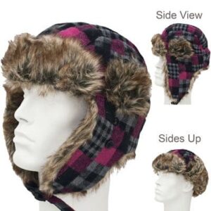 Trapper Hat Patterns - Faux Fur - Wool Blend - Womens Grey and Fuchsia Check - Plaid Tweed, 1 piece