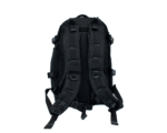 A black backpack with multiple adjustable straps is positioned upright showcasing its design details and padded back panel against a plain background.