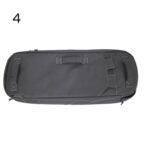 A rectangular black bag with handles on the top and sides is shown lying flat against a plain background it is designed for storage or transport of items.