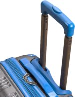 A blue suitcase with a retractable handle is resting with its zipper partially open showcasing its interior structure in a neutral background suggesting travel or transportation use.