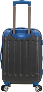 A blue wheeled suitcase stands upright featuring a textured black surface with vertical grooves a retractable handle and four wheels indicating it is ready for travel in an airport or train station.