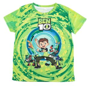 A green youth t-shirt features a cartoon character with brown hair and a watch striking a dynamic pose surrounded by various other colorful characters and swirls of vibrant green. Text reads "BEN 10."