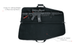 A black rifle placed inside a padded case is secured with straps. The case features a felt lining for protection and includes compartments for accessories in a travel-ready context.