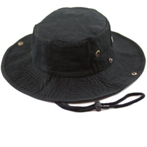 A black bucket hat sits upright showcasing its wide brim and textured fabric with metal eyelets and a drawstring for securing it under the chin in outdoor settings.