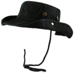 A black wide-brimmed hat with ventilation holes is displayed upright. A chin strap is attached for secure wear  indicating it is designed for outdoor activities.