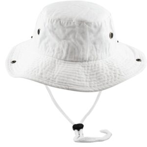 A white bucket hat sits upright displaying a wide brim and textured fabric with metal eyelets on the sides and an adjustable chin strap below the brim for secure wear.