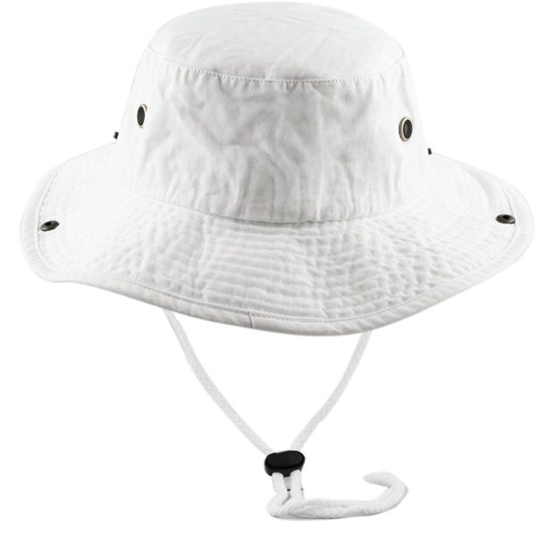 A white bucket hat sits upright displaying a wide brim and textured fabric with metal eyelets on the sides and an adjustable chin strap below the brim for secure wear.