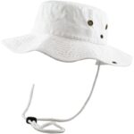 A white bucket hat rests upright with a wide brim and ventilation eyelets on the side featuring an adjustable chin strap for secure fitting in sunny outdoor environments.