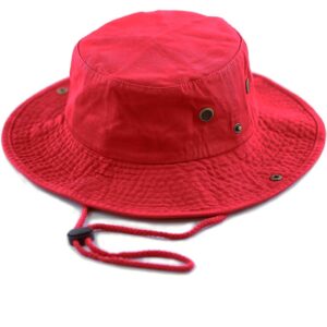 A red bucket hat rests flat with a wide brim and textured surface featuring two metal eyelets on the side and an adjustable chin strap below.