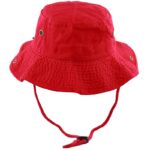 A red bucket hat is displayed upright featuring a wide brim and ventilation holes on the sides with a chin strap attached for secure wear in outdoor settings.