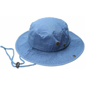 A blue bucket hat sits upright showcasing a round crown and wide brim with stitching detailing and a drawstring attached for securing it during outdoor activities