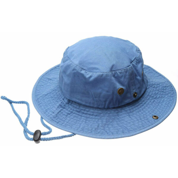 A blue bucket hat sits upright showcasing a round crown and wide brim with stitching detailing and a drawstring attached for securing it during outdoor activities
