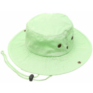 A green bucket hat rests flat with a wide brim and an adjustable chin strap showing metal eyelets for ventilation designed for outdoor wear to provide sun protection.