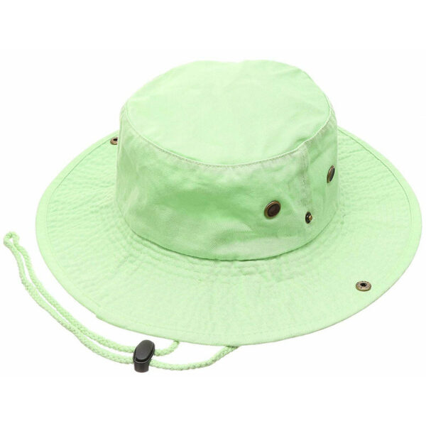 A green bucket hat rests flat with a wide brim and an adjustable chin strap showing metal eyelets for ventilation designed for outdoor wear to provide sun protection.