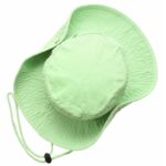 A wide-brimmed green hat lies flat with a round crown and a chin strap attached highlighting its lightweight fabric and stitched details suitable for outdoor activities.