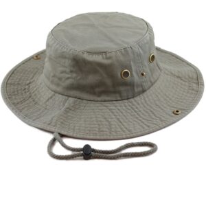 A wide-brimmed bucket hat with a soft fabric texture features brass eyelets and a rope chin strap designed for outdoor protection from sun and rain in casual environments.
