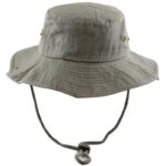 A gray bucket hat sits upright displaying a wide  downward-sloping brim and a sturdy chin strap designed for outdoor use  suitable for sun protection during various activities.