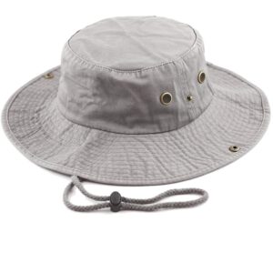 A gray bucket hat rests flat with a wide brim and ventilation grommets on the sides facing upwards while a drawstring is attached for adjustment and secure fit.