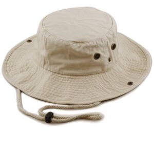 A light beige bucket hat rests flat with a rounded top and wide brim featuring ventilation holes and a drawstring for secure fitting often used for sun protection during outdoor activities.