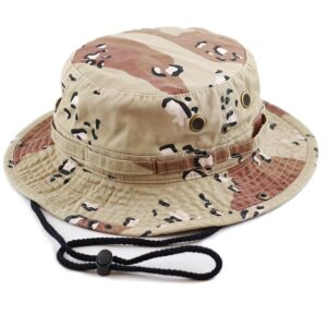 A camouflage bucket hat rests on a surface featuring a wide brim and adjustable chin strap showcasing a mix of tan and brown patterns ideal for outdoor activities.