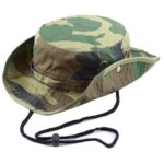 A camouflaged bucket hat lies flat showcasing its wide brim and drawstring for securing it on the head suitable for outdoor activities like hiking or fishing.