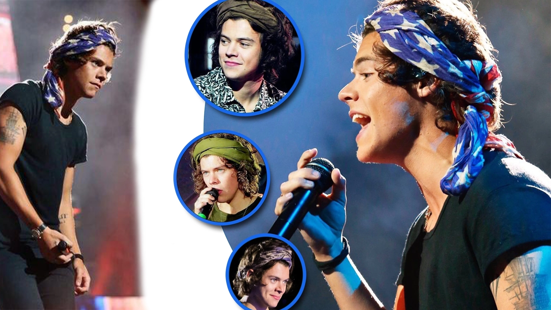The photo shows Harry styles wearing his iconic head bandana in multiple concerts.