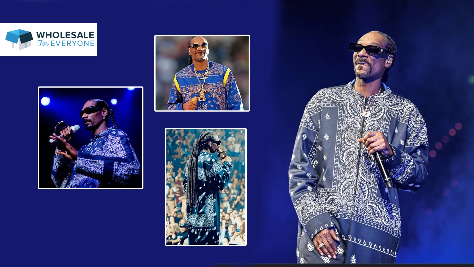 The photo show Snoop Dogg wearing his iconic blue paisley bandana designed tracksuit in concerts.