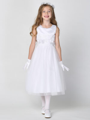 SP140 White First Communion Dress Satin with embroidered tulle