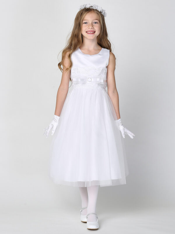 SP140 White First Communion Dress Satin with embroidered tulle