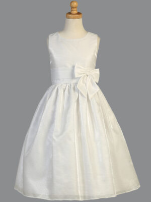 SP152 White First Communion Dress Striped organza with satin waist trim