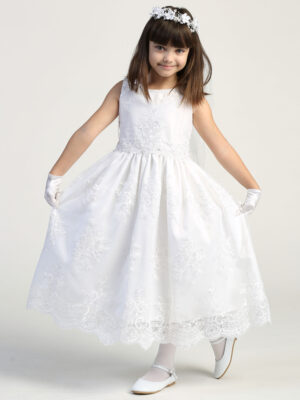 SP164 White First Communion Dress Corded embroidery lace on tulle