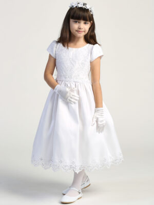 SP167 White First Communion Dress Embroidered lace with sequins on tulle