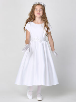 SP185 White First Communion Dress Satin with silver corded trim