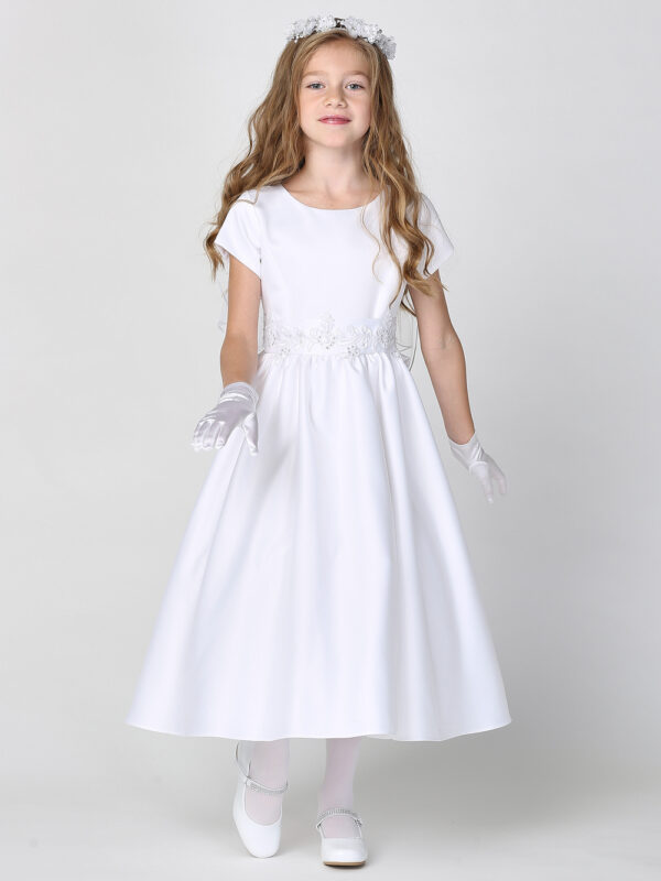SP185 White First Communion Dress Satin with silver corded trim