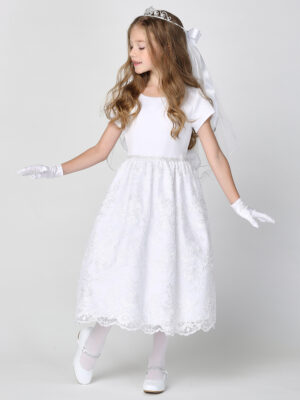 SP195 White First Communion Dress Satin & Corded/Embroidered tulle with sequins