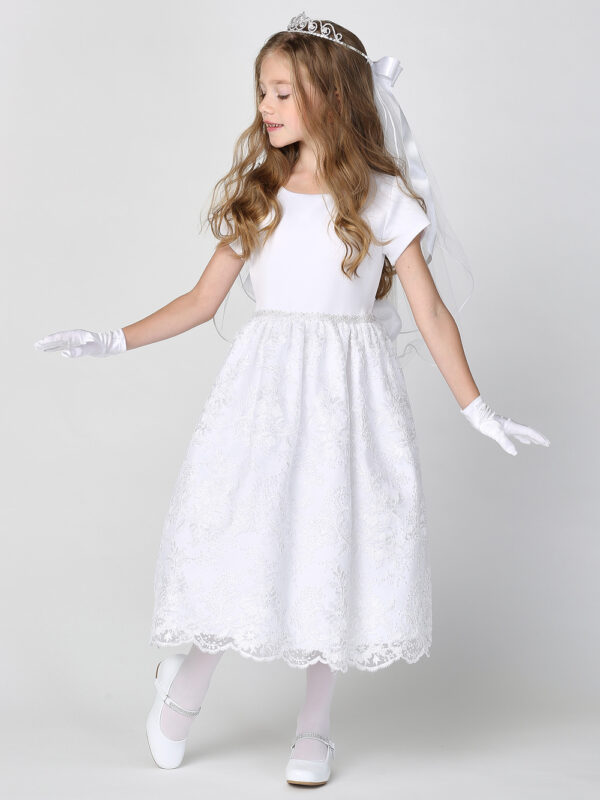 SP195 White First Communion Dress Satin & Corded/Embroidered tulle with sequins