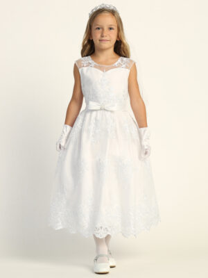 SP203 White First Communion Dress Corded embroidered tulle with sequins