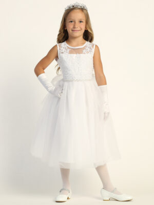SP204 White First Communion Dress Corded embroidered tulle with sequins