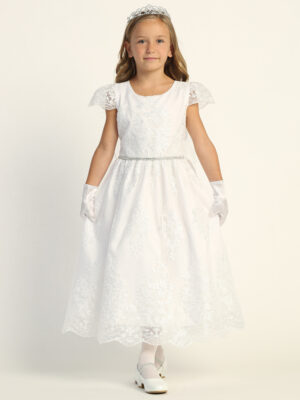 SP207 White First Communion Dress Corded embroidered tulle with sequins
