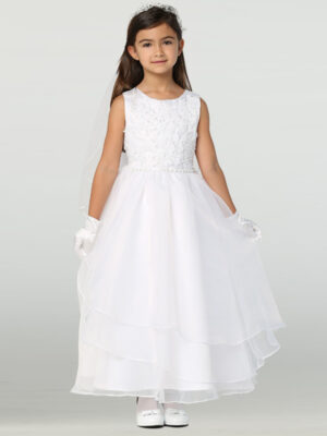 SP604 White First Communion Dress Beaded applique on tulle & organza
