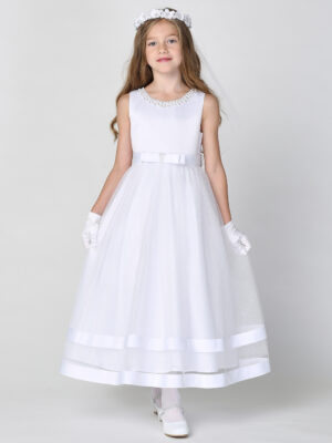 SP717 White First Communion Dress Satin & Glitter tulle with pearl neckline