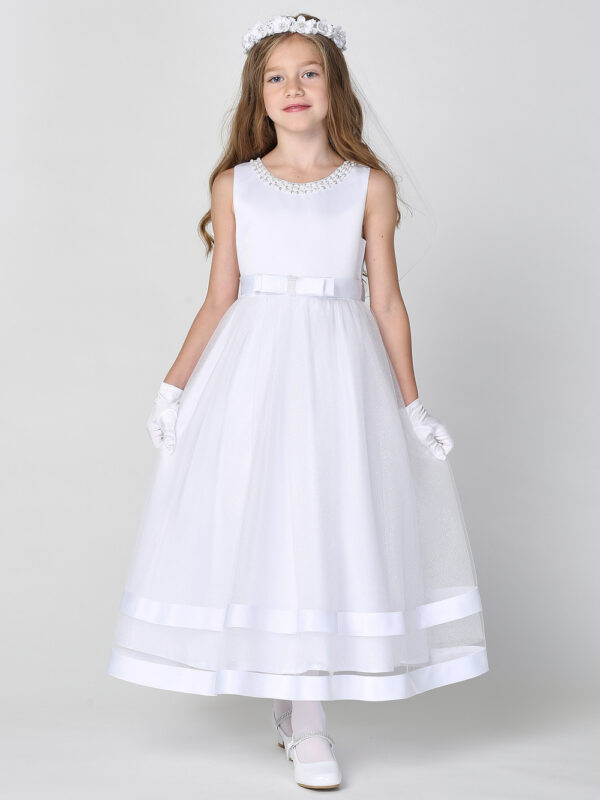 SP717 White First Communion Dress Satin & Glitter tulle with pearl neckline
