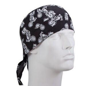 Black Doo Rag with White Tossed Bikes Head Wrap - 12 pieces