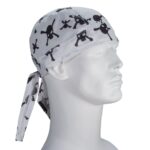 Tossed Black Skulls and Crossbones on White Doo Rag - 1 piece